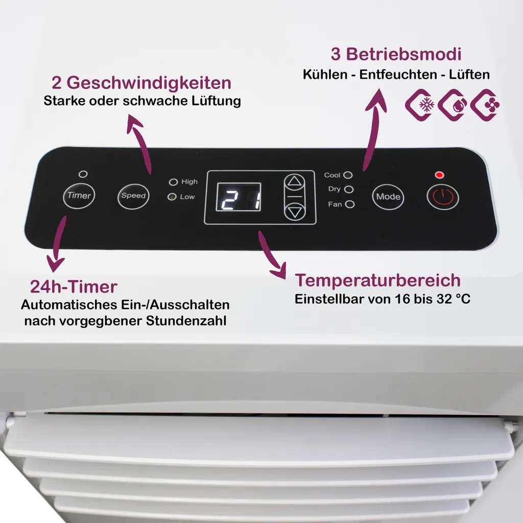 HomeX Mobiles Klimagerät A-32-50-W I 3in1: Mobile Klimaanlage + Luftentfeuchter + Ventilator I 7.000 BTU / 2,1 KW Air Cooler Inkl Fernbedienung & Abluftschlauch – Bild 3