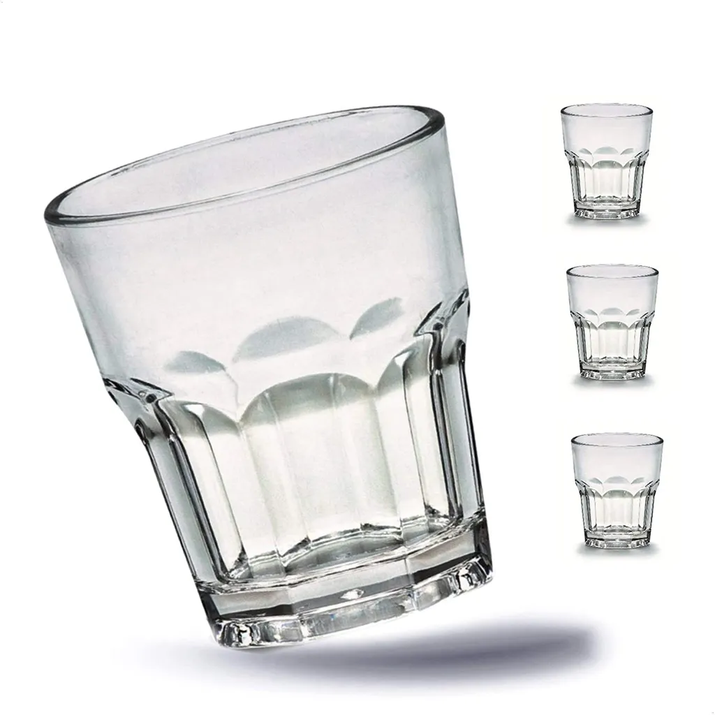 4 X Bruchfeste Gläser Becher Langlebige Wassergläser Aus Stabilem Kunststoff Saft Whisky Glas Partybecher Whiskybecher Trinkbecher In Echter Glasoptik Stapelbar