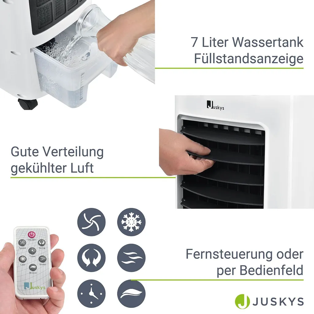Juskys Mobile Klimaanlage Mit Fernbedienung, Schwingfunktion & Timer – Klimagerät 65 Watt 76 Cm – Luftkühler 3 Geschwindigkeiten – Weiß – Bild 4