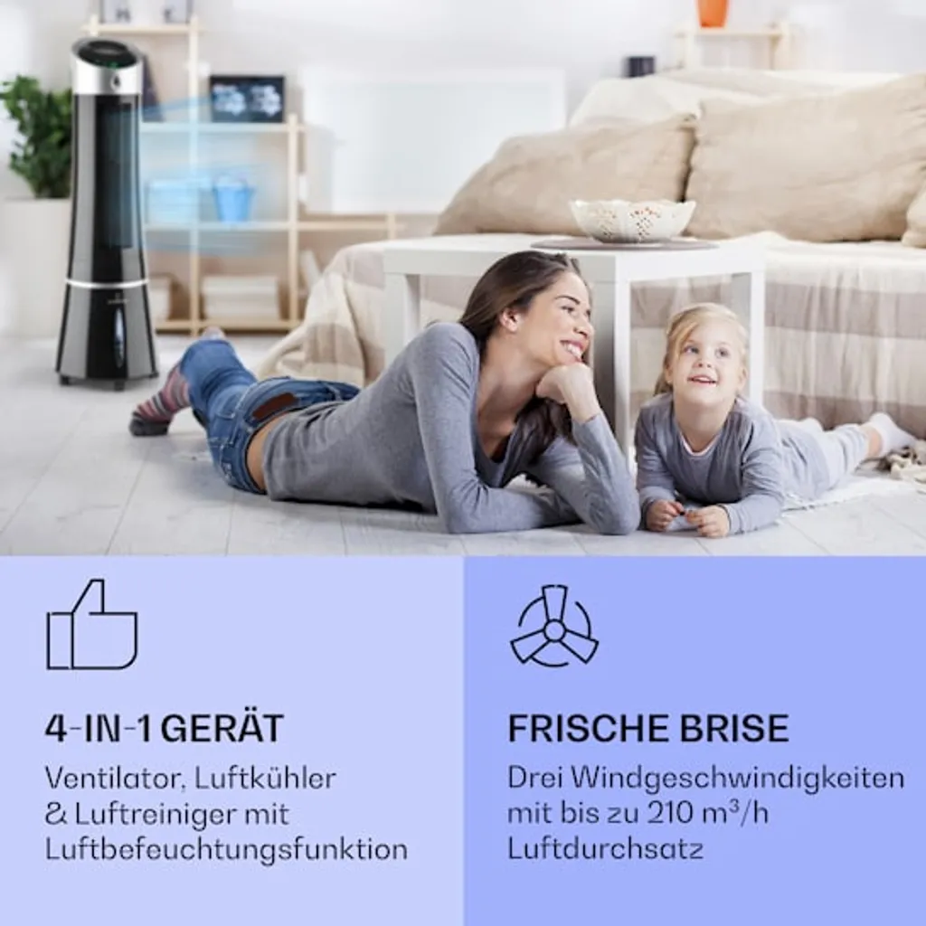 Klarstein Skyscaper Ice Smart Klimaanlage 4-in-1: Luftkühler, Ventilator, Luftbefeuchter & Ionisation - WiFi - 6 L Wassertank - Oszillation - 30 W - 210 M³/h - Timer - Klimagerät Ohne Abluftschlauch - Mobiles Klimagerät – Bild 2