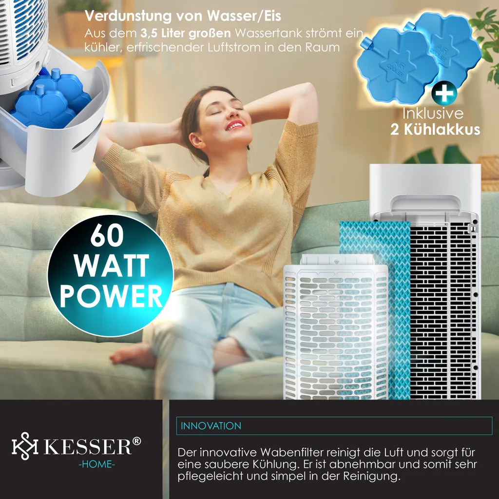 KESSER® 4in1 Mobile Klimaanlage Tower Klimagerät Ventilator/Luftkühler/Luftbefeuchter/Ionisator, Mit Fernbedienung , Timer , Wassertank, 60W, Klima , 2 Kühlakkus Turmventilator, Farbe:Weiß / Schwarz – Bild 5