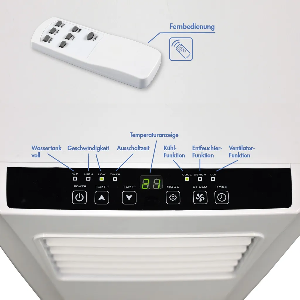 JUNG AIR TV05 Mobiles Klimagerät Mit Fernbedienung + Abluft-Schlauch - 3,2 KW/11000 BTU - STROMSPAREND, GERÄUSCHARM -100m³ Raum Kühlung, Klimaanlage Mobil Leise, Weiß – Bild 6