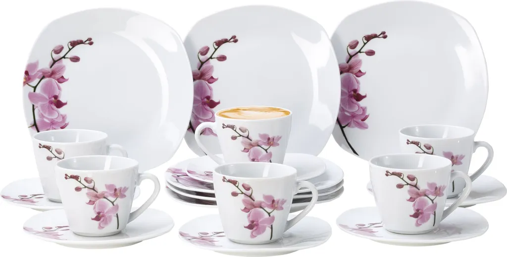 Kaffeeservice 18-tlg. Kyoto Orchidee Leicht Eckig Porzellan Für 6 Personen Weiß MitNachbildung
