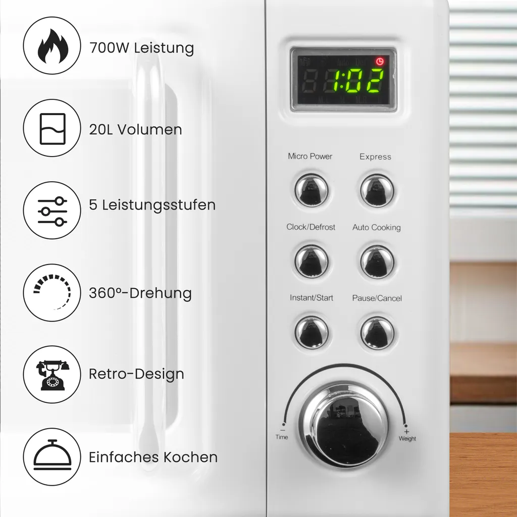 COSTWAY Mikrowelle 20L, 700 W Mikrowellenofen, Mit 8 Automatischen Programme, 5 Leistungsstufen, LED-Anzeige, Verzögerter Start, Retro, Weiß – Bild 4