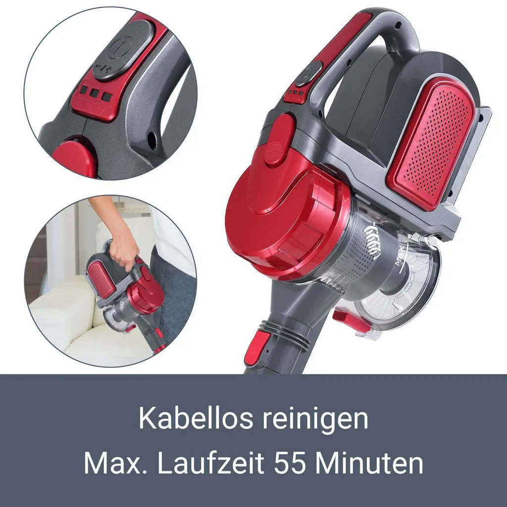 Juskys 2in1 Handstaubsauger & Akku Staubsauger - Beutellos & Kabellos – Bis 55 Min Laufzeit - Lithium-Ionen Akku, Wandhalterung & Ladestation – Rot – Bild 7