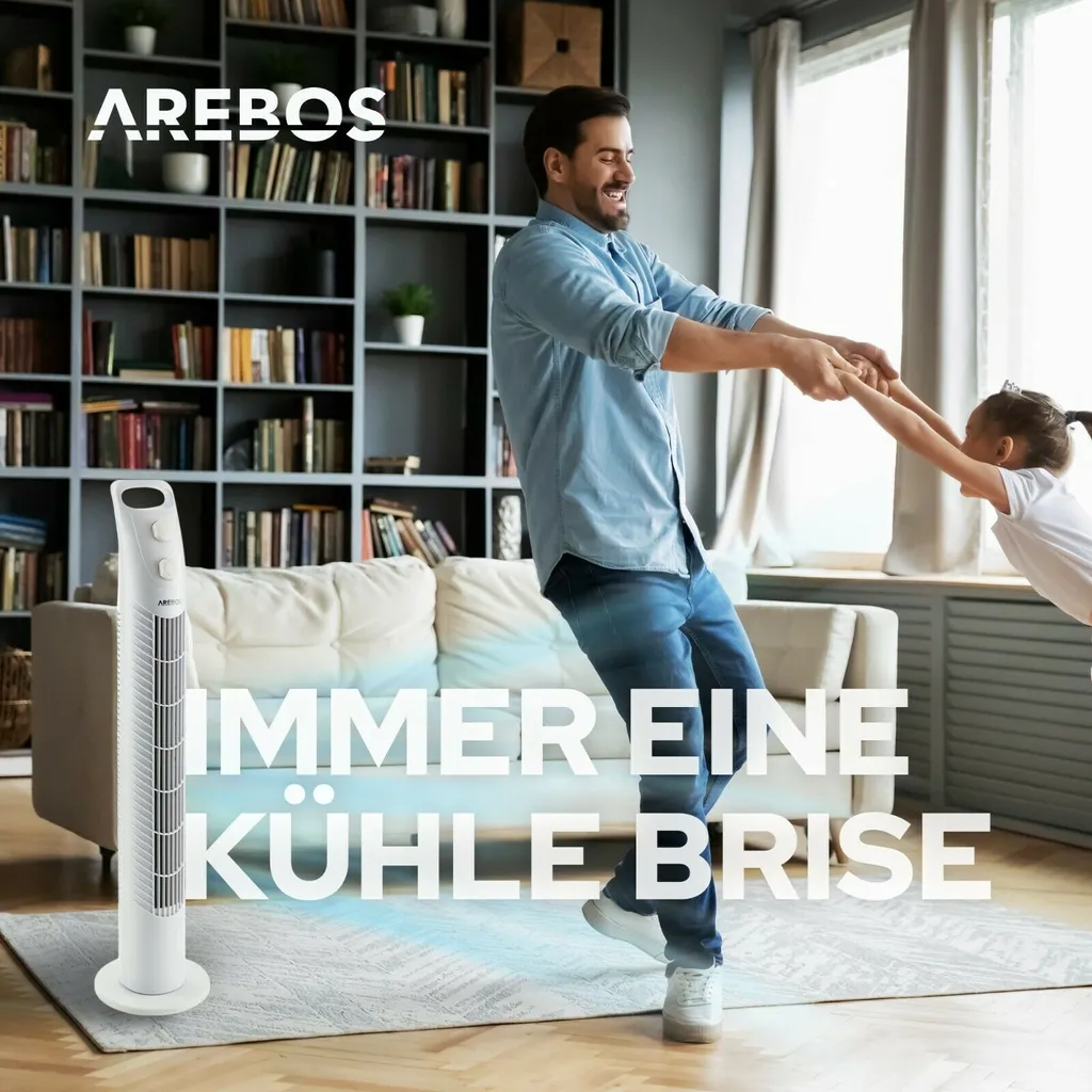 AREBOS Turmventilator Mit Timer, 40 Watt, 75°-Oszillation, Ventilator Mit 3 Geschwindigkeitsstufen, , Weiß – Bild 7