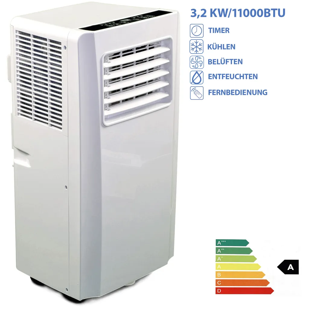 JUNG AIR TV05 Mobiles Klimagerät Mit Fernbedienung + Abluft-Schlauch - 3,2 KW/11000 BTU - STROMSPAREND, GERÄUSCHARM -100m³ Raum Kühlung, Klimaanlage Mobil Leise, Weiß
