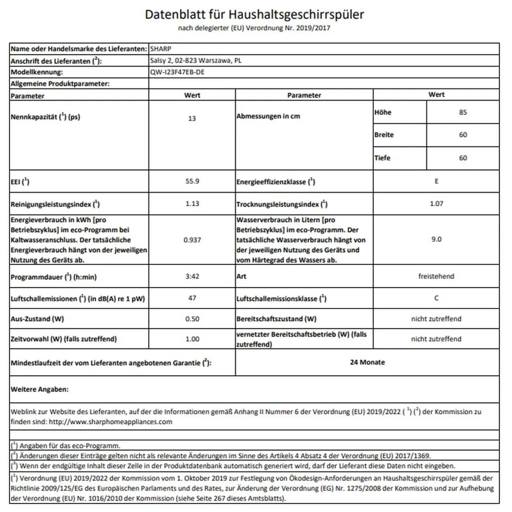 Sharp - QW-I23F47EB-DE - Stand-Geschirrspüler - 60 Cm – Bild 8