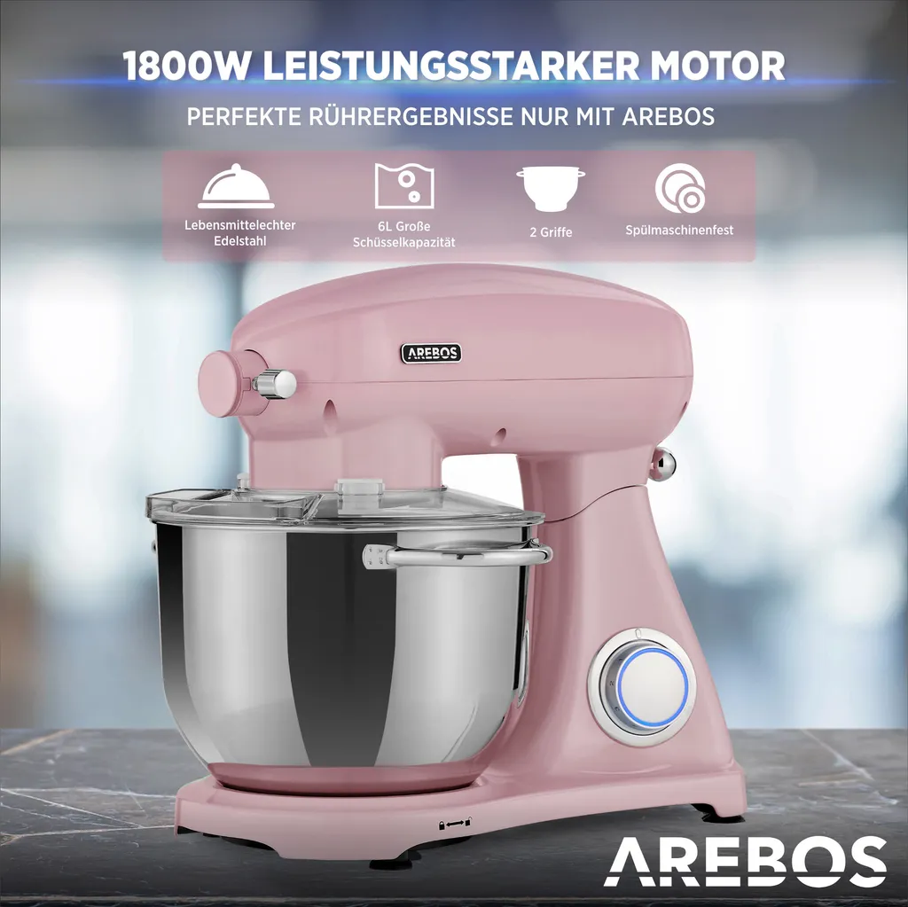 AREBOS Retro Küchenmaschine 1800W, Knetmaschine Mit 6L Edelstahl-Rührschüssel, Geräuscharm, 6 Geschwindigkeiten, Rosa – Bild 4