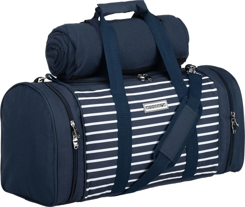 Anndora Picknick Kühltasche + Decke + Zubehör - Blau Weiß Gestreift - Blau – Bild 4