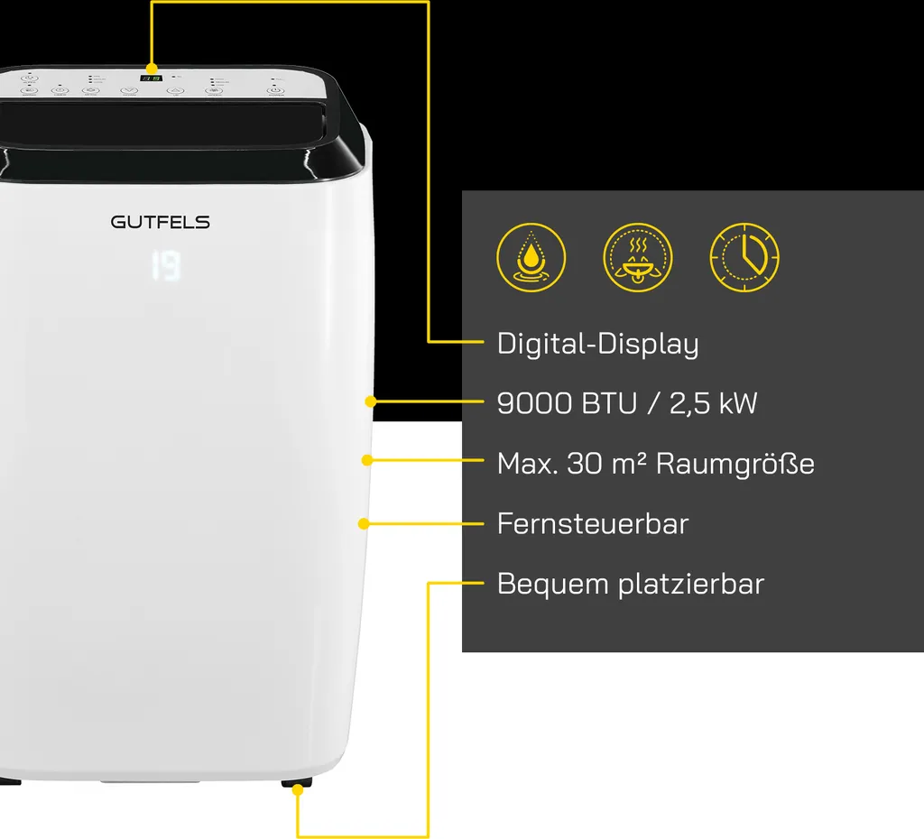 GUTFELS Klimagerät CM 61249 We | Mobiles Klimagerät | 12000 BTU / 3,5 KW Kühlleistung | 1050 W Leistung | Weiß – Bild 3