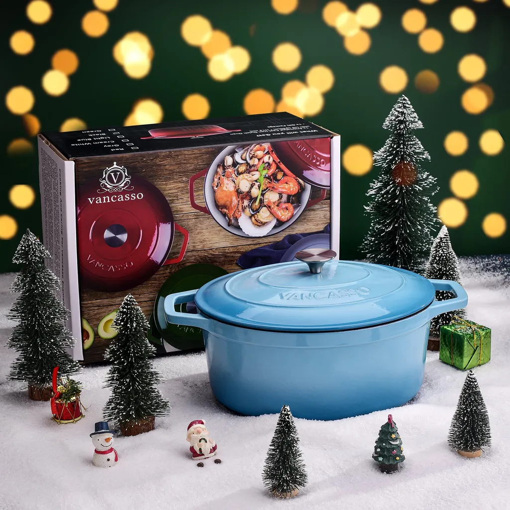 Vancasso Gusseisen Topf, Bräter Mit Deckel, Bratpfanne 6L Ø 30cm Emaillie Schmortopf, 13cm Niedrige Höhe Kasserolle Für Alle Herdarten Und Induktion – Bild 8