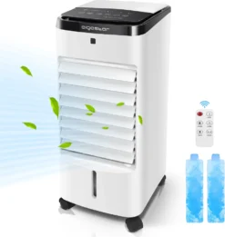 Aigostar 3,5L Mobiler Luftkühler 4-in-1 Mit 3 Stufen, LED Anzeige, Klima Ventilator Mit Fernbedienung, Mobiles Klimagerät Ohne Abluftschlauch Inkl. Timer & Oszillation Aircooler (Weiß/Schwarz)