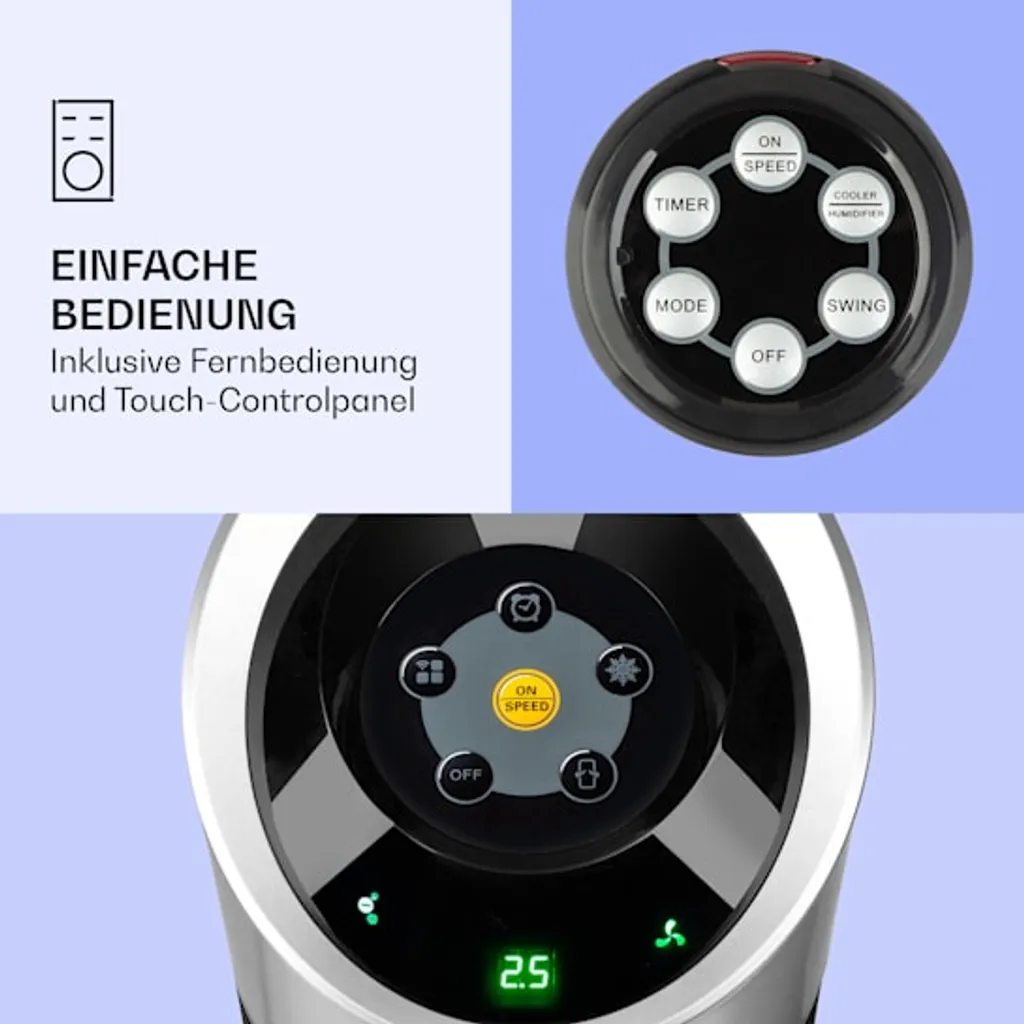 Klarstein Skyscaper Ice Smart Klimaanlage 4-in-1: Luftkühler, Ventilator, Luftbefeuchter & Ionisation - WiFi - 6 L Wassertank - Oszillation - 30 W - 210 M³/h - Timer - Klimagerät Ohne Abluftschlauch - Mobiles Klimagerät – Bild 4