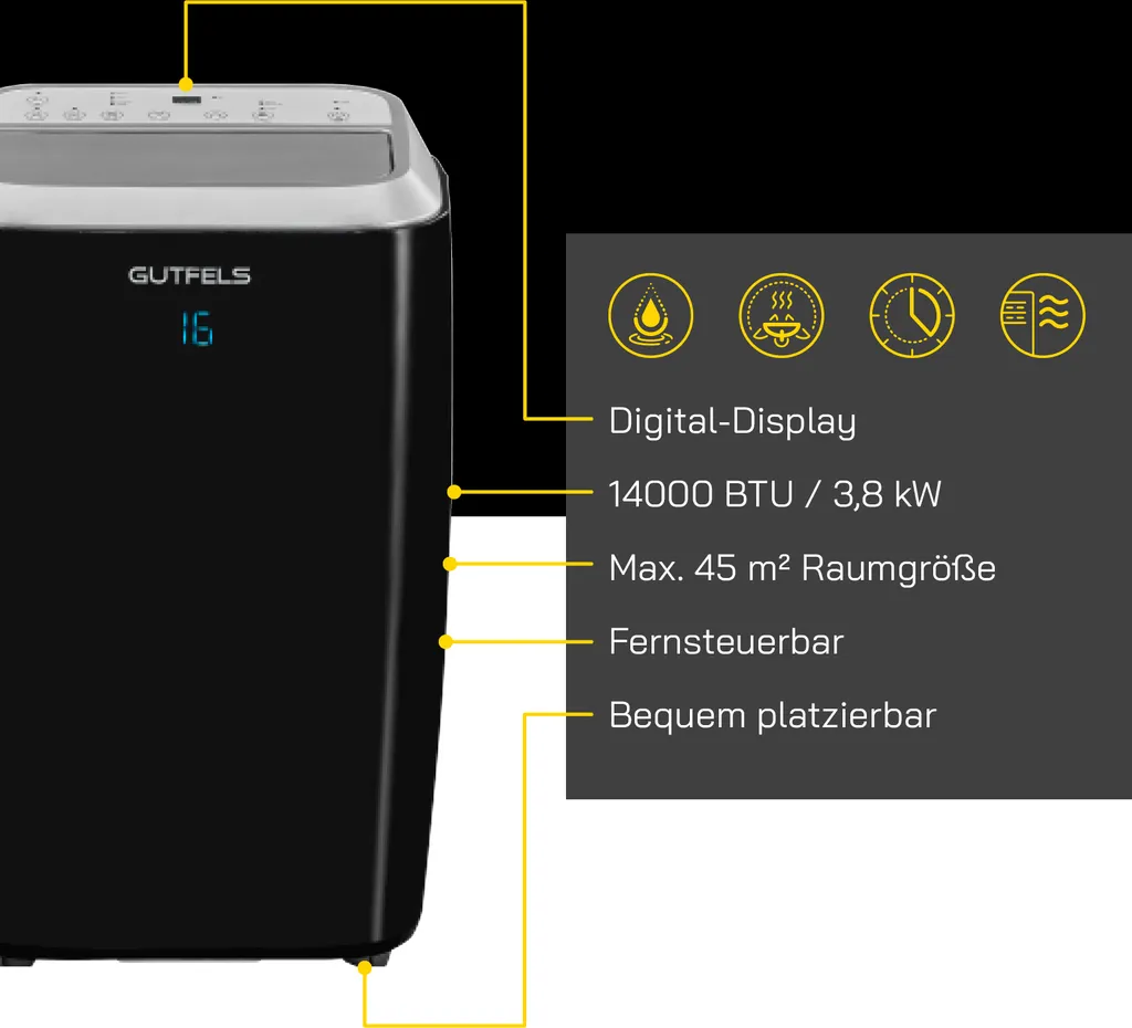 GUTFELS Klimagerät CM 81458 Sw | Mobiles Klimagerät | 4-in-1 Luftkühlung, Trocknung, Ventilation Und Heizen | 14.000 BTU / 4,1 KW Kühlleistung | Schwarz – Bild 3