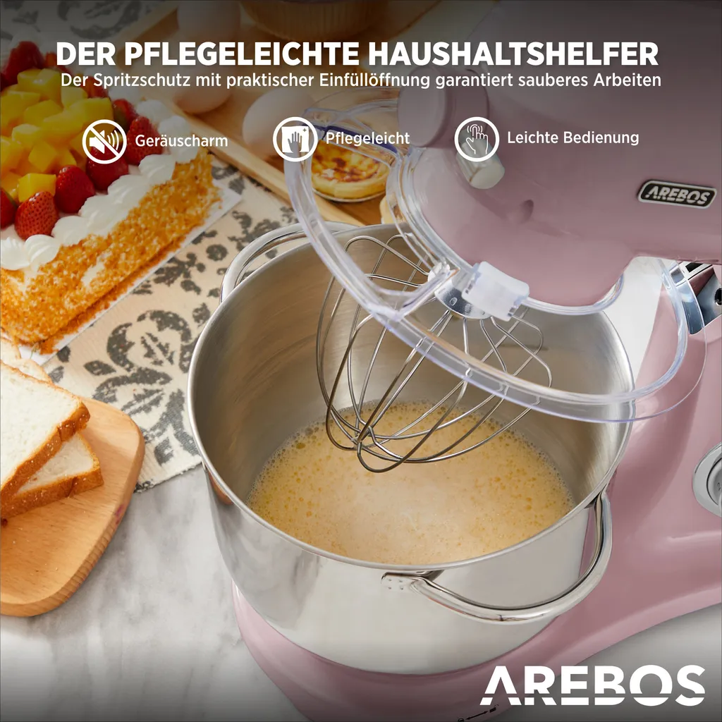 AREBOS Retro Küchenmaschine 1800W, Knetmaschine Mit 6L Edelstahl-Rührschüssel, Geräuscharm, 6 Geschwindigkeiten, Rosa – Bild 10
