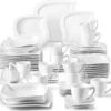 MALACASA, Serie Elvira, 60 Tlg. Cremeweiß Porzellan Geschirrset Kombiservice Tafelservice Mit Tassen, Untertassen, Dessertteller, Suppenteller Und Flachteller Für 12 Person