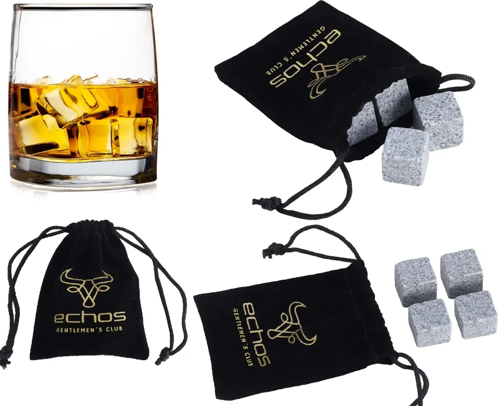 Echos 4er Whisky Steine Set Aus Granit | Wieder Verwendbar | Im Hochwertigem Stoffbeutel |