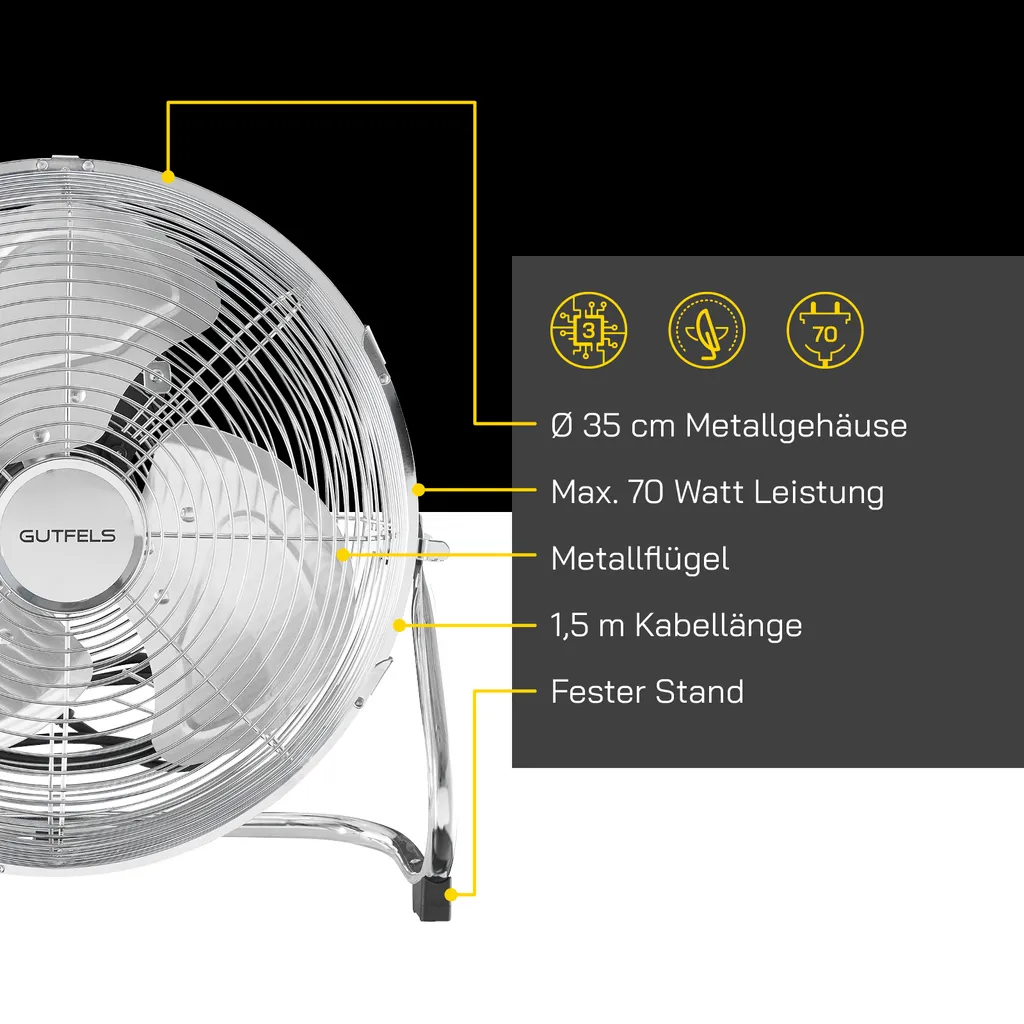 GUTFELS Bodenventilator VB 37058 Ch | Ventilator | Metall | 70 W Leistung | Silber – Bild 3