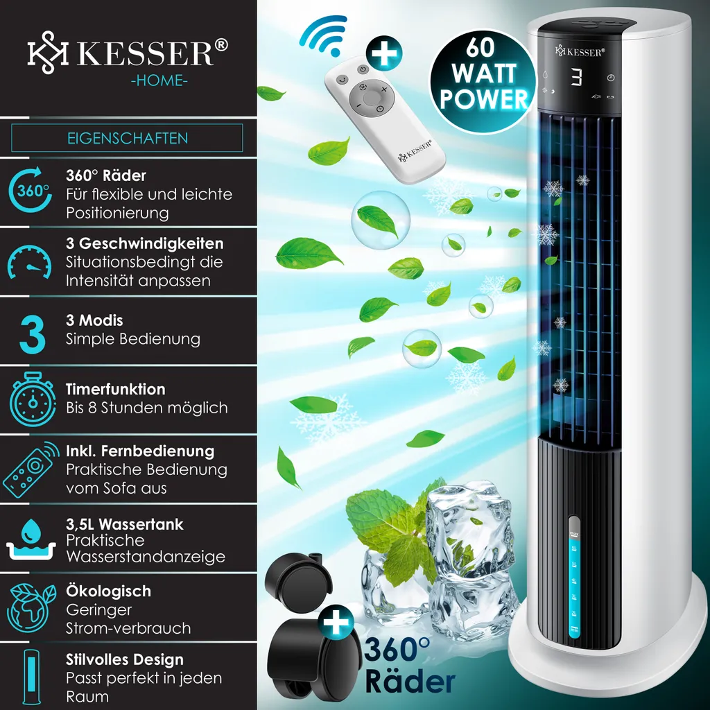 KESSER® 4in1 Mobile Klimaanlage Tower Klimagerät Ventilator/Luftkühler/Luftbefeuchter/Ionisator, Mit Fernbedienung , Timer , Wassertank, 60W, Klima , 2 Kühlakkus Turmventilator, Farbe:Weiß / Schwarz – Bild 3