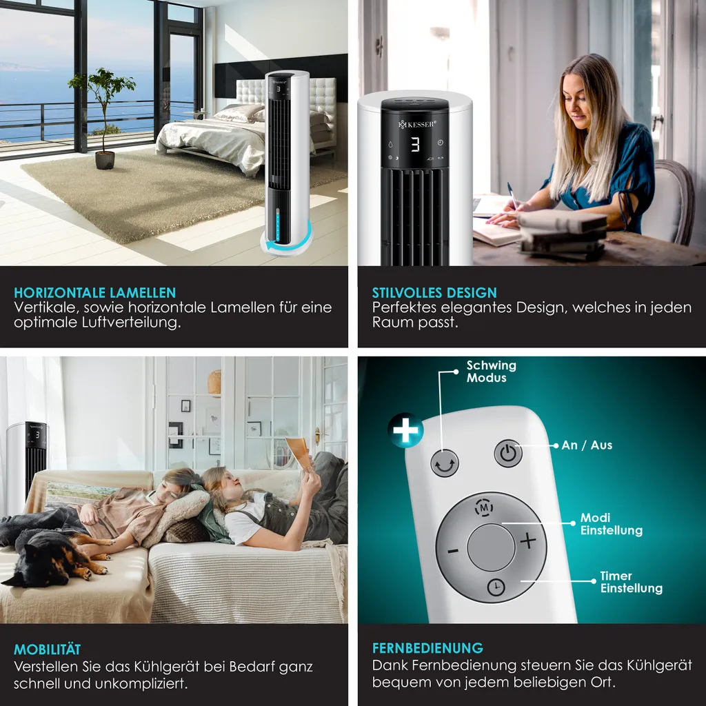 KESSER® 4in1 Mobile Klimaanlage Tower Klimagerät Ventilator/Luftkühler/Luftbefeuchter/Ionisator, Mit Fernbedienung , Timer , Wassertank, 60W, Klima , 2 Kühlakkus Turmventilator, Farbe:Weiß / Schwarz – Bild 7
