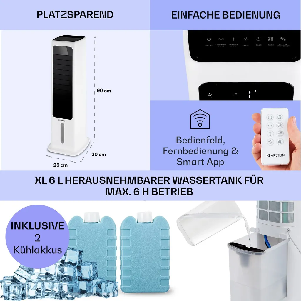 Klarstein Mobiles Klimagerät Ohne Abluftschlauch - 360° Luftkühler Mit Wasser Ventilator Luftbefeuchter Luftreiniger Funktion - App-Steuerung - 6L Wassertank - Klimaanlage Mobil Mit Fernbedienung – Bild 6