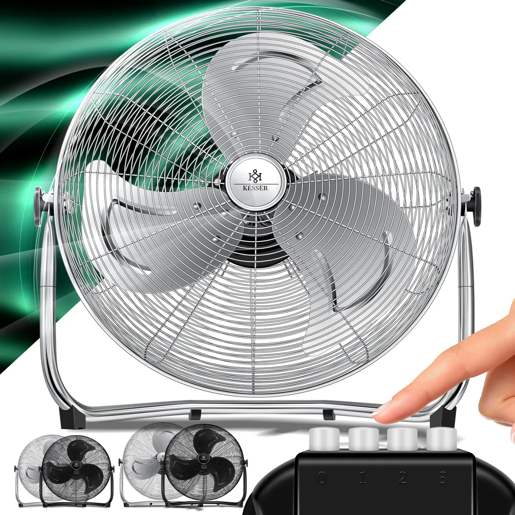 KESSER® Windmaschine Retro Stil | Ventilator In Chrom | Standventilator | Tischventilator Bodenventilator | 3-Stufen | Robuster Stand | Stufenlos Neigbarer Ventilatorkopf | Chrom Silber, Größe:Ø 30cm – Bild 2