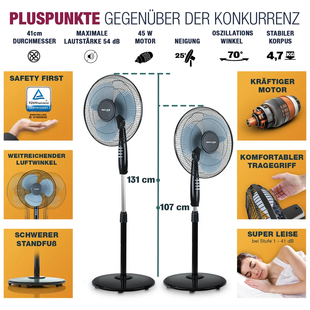 RelaxxNow Super Leiser Standventilator Mit 45W Motoren Leistung, Oszillierender Ventilator Mit 3 Geschwindigkeitsstufen Und Höhenverstellbarkeit Bis 131cm, 41 DB Schlafmodus & 41cm Durchmesser, VTX100 – Bild 3
