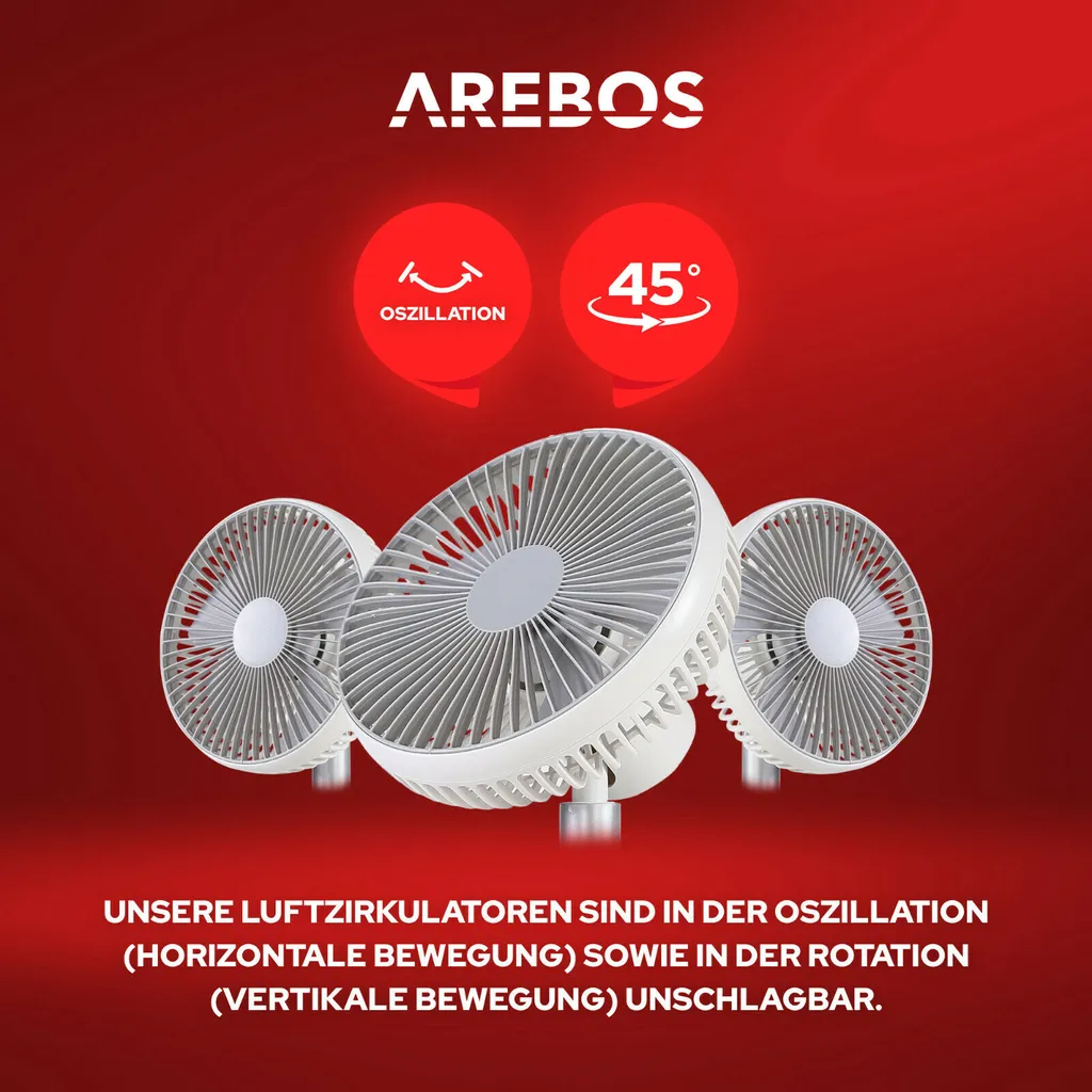 AREBOS USB-Tischventilator Mit Timer, Wiederaufladbarer 2500 MAh – Akku, 45° Neigbar, Ventilator Mit 3 Geschwindigkeitsstufen, Inkl. USB-Kabel – Bild 3