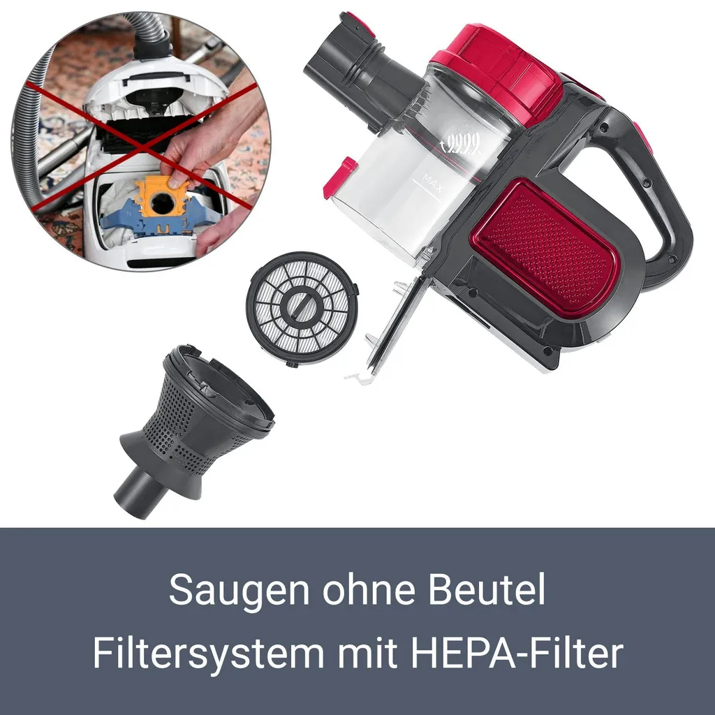 Juskys 2in1 Handstaubsauger & Akku Staubsauger - Beutellos & Kabellos – Bis 55 Min Laufzeit - Lithium-Ionen Akku, Wandhalterung & Ladestation – Rot – Bild 8