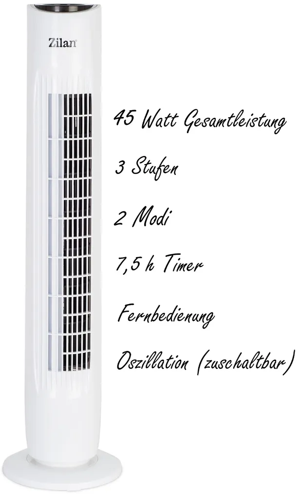 Zilan Turmventilator | 3 Stufen | 2 Modi | 7,5h Timer | Fernbedienung | Oszillierend | – Bild 2