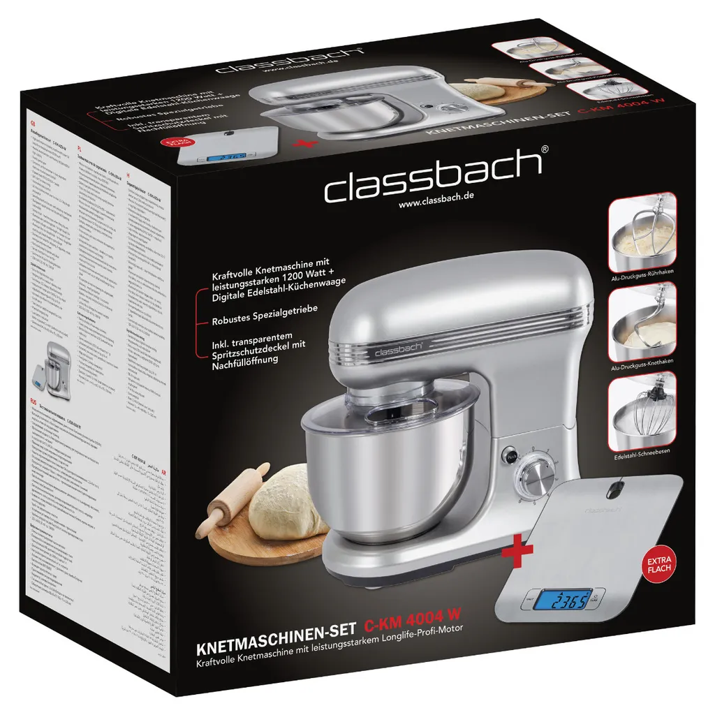 Classbach® Küchenmaschine Knetmaschine Set Mit Küchenwaage Digital, 1200 Watt Motor Mit 6 Geschwindigkeiten, Leise Rührmaschine 5 Liter Schüssel Inkl. 3 Aufsätze Und Spritzschutz, C-KM 4004 W – Bild 8