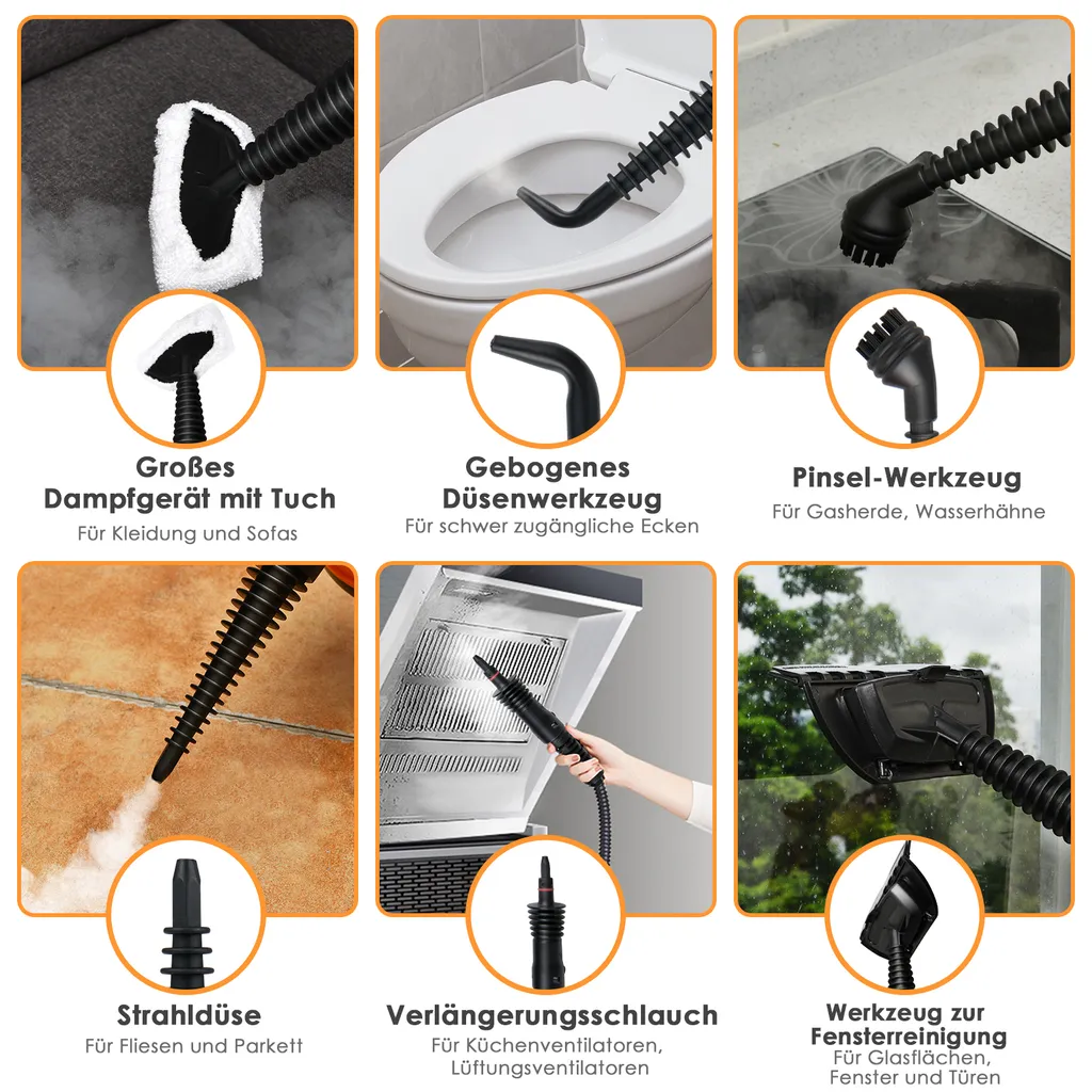 COSTWAY Dampfreiniger Inkl. 9 Zubehör, Handdampfreiniger, Dampfreinigen Handgerät 3 Bar / 250ml / 1050W / 4min Aufheizzeit/für Teppiche, Vorhänge, Autositze, Küche (Orange) – Bild 3