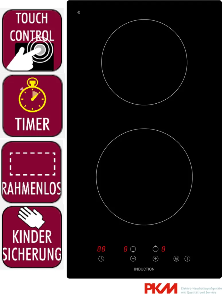 PKM Induktionskochfeld Autark 38cm 2 Zonen Rahmenlos Touch Control Timer