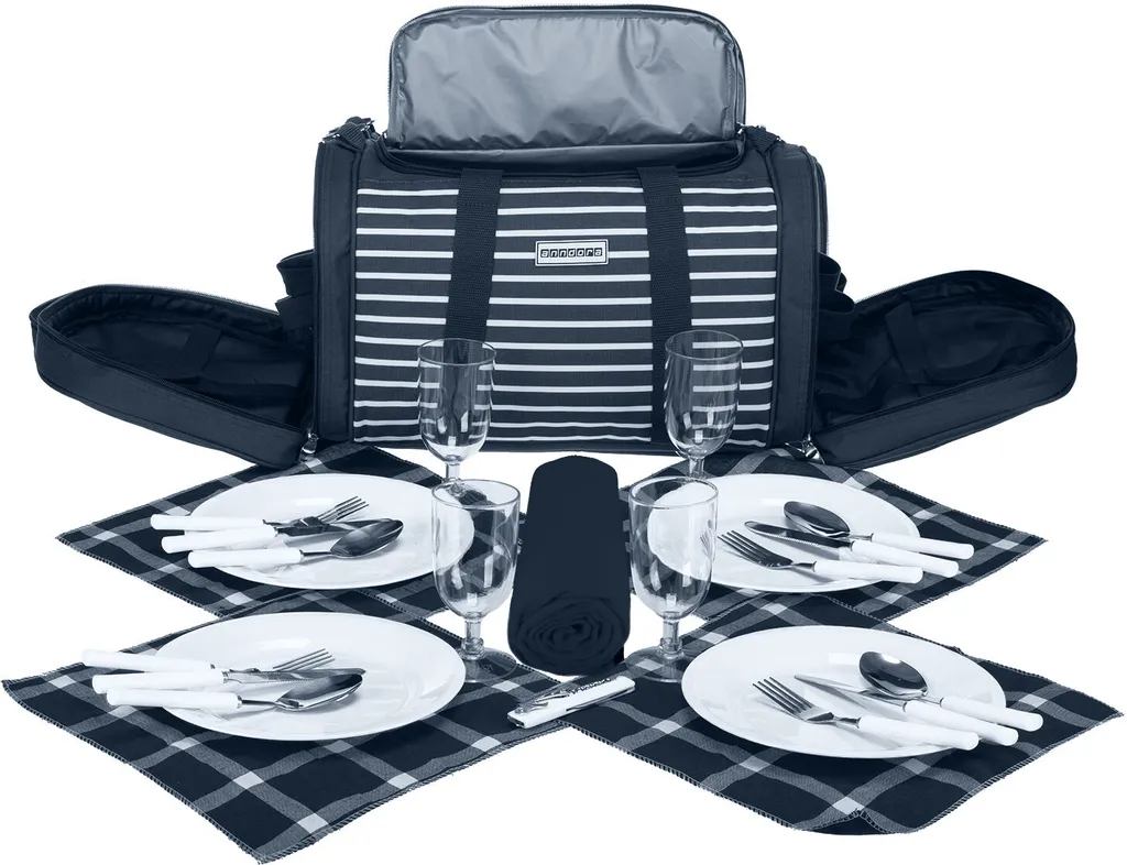 Anndora Picknick Kühltasche + Decke + Zubehör - Blau Weiß Gestreift - Blau – Bild 2