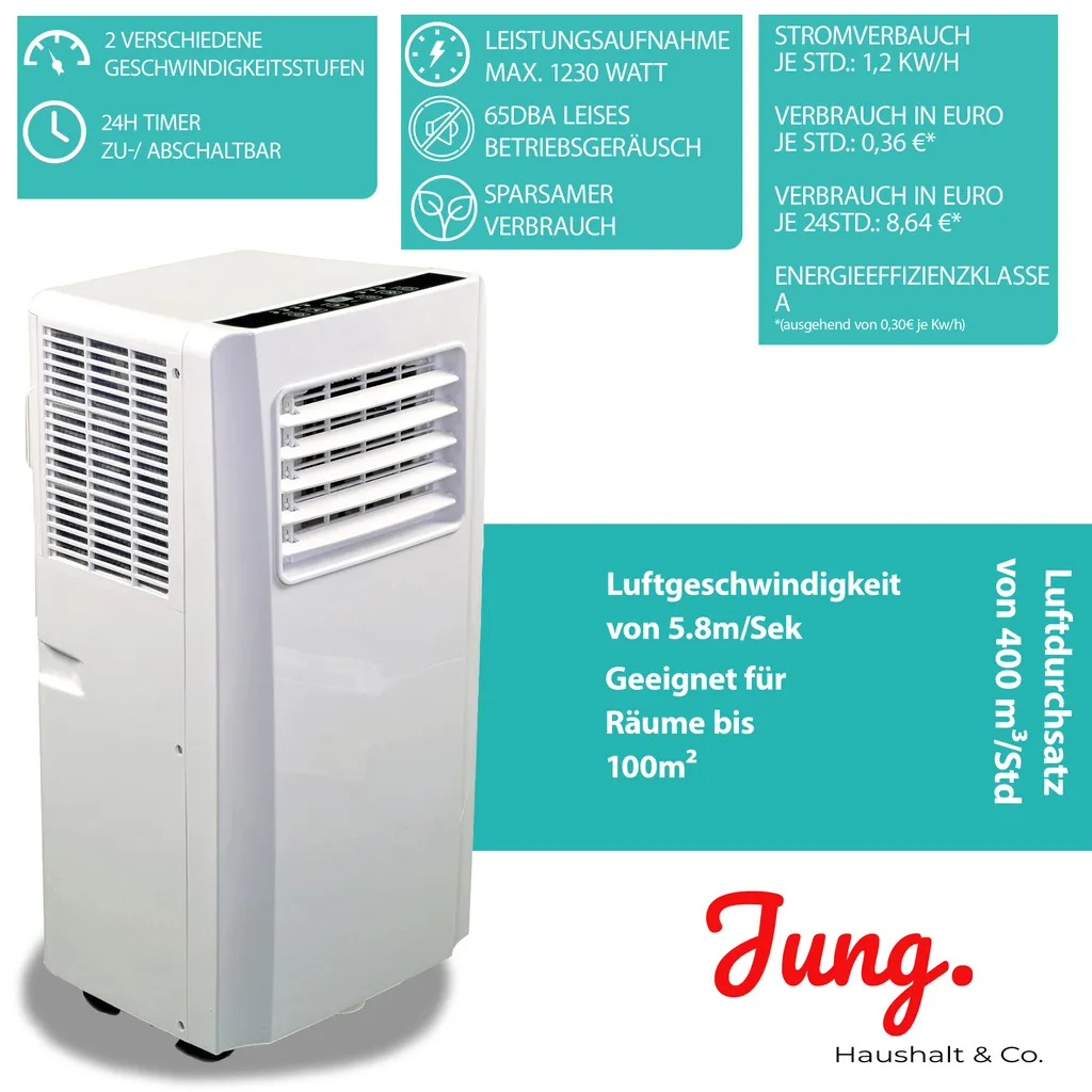 JUNG AIR TV05 Mobiles Klimagerät Mit Fernbedienung + Abluft-Schlauch - 3,2 KW/11000 BTU - STROMSPAREND, GERÄUSCHARM -100m³ Raum Kühlung, Klimaanlage Mobil Leise, Weiß – Bild 3
