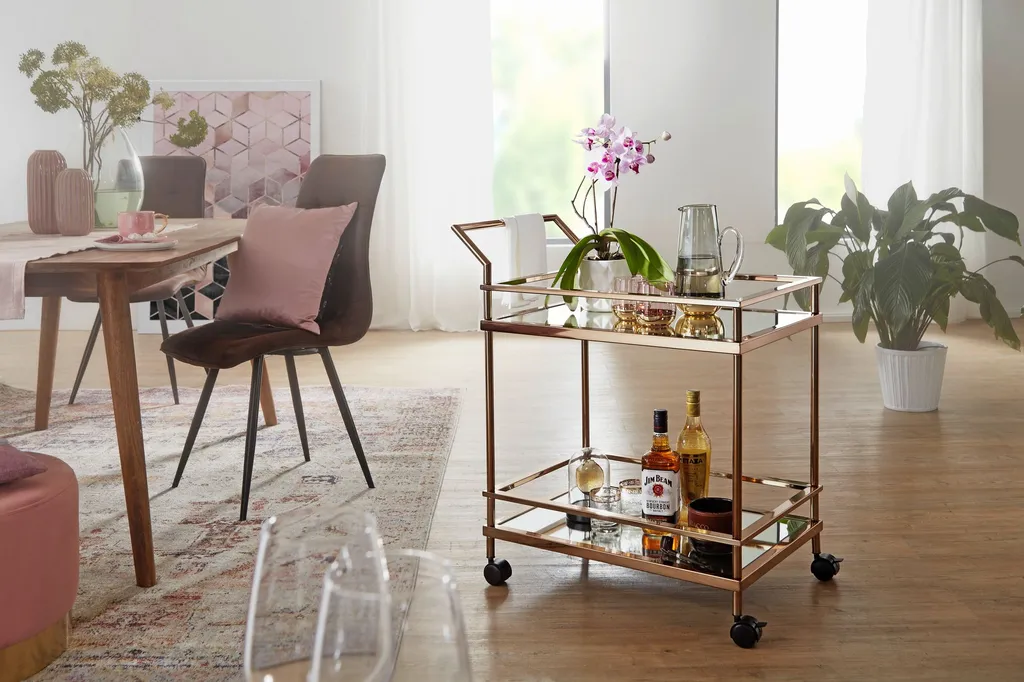 WOHNLING Design Servierwagen Dunkles Gold 2 Ebenen Mit Bremsen | Beistelltisch Auf Rollen | Speisewagen Mit Glasplatte | Küchenwagen | Teewagen – Bild 2