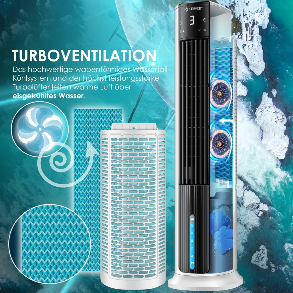 KESSER® 4in1 Mobile Klimaanlage Tower Klimagerät Ventilator/Luftkühler/Luftbefeuchter/Ionisator, Mit Fernbedienung , Timer , Wassertank, 60W, Klima , 2 Kühlakkus Turmventilator, Farbe:Weiß / Schwarz – Bild 9