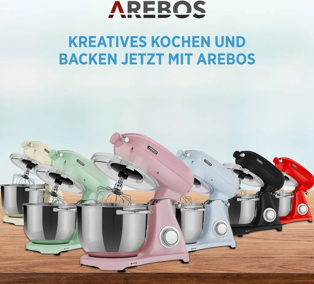 AREBOS Retro Küchenmaschine 1800W, Knetmaschine Mit 6L Edelstahl-Rührschüssel, Geräuscharm, 6 Geschwindigkeiten, Rosa – Bild 12