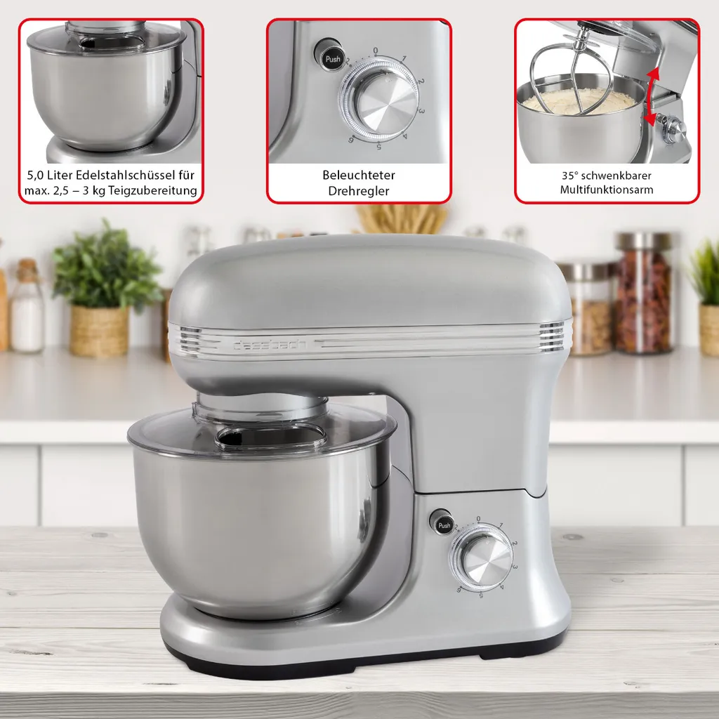 Classbach® Küchenmaschine Knetmaschine Set Mit Küchenwaage Digital, 1200 Watt Motor Mit 6 Geschwindigkeiten, Leise Rührmaschine 5 Liter Schüssel Inkl. 3 Aufsätze Und Spritzschutz, C-KM 4004 W – Bild 3