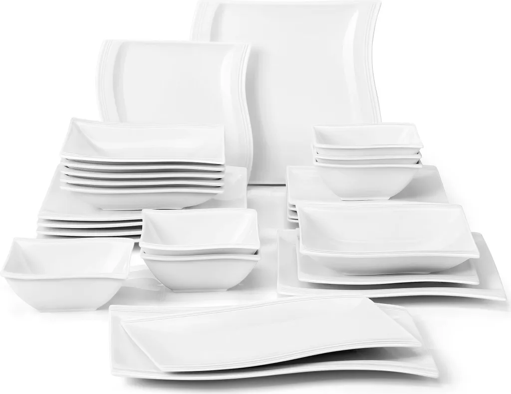 MALACASA, Serie Flora, 26 Tlg. Cremeweiß Porzellan Geschirrset Kombiservice Tafelservice Mit 6 Schalen, 6 Dessertteller, 6 Suppenteller, 6 Speiseteller Und 2 Rechteckigen Platten