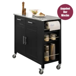 SoBuy FKW108-SCH Design Küchenwagen Mit Edelstahlplatte Kücheninsel Küchenschrank Rollwagen Sideboard Servierwagen Schwarz BHT Ca.: 107x94x46cm