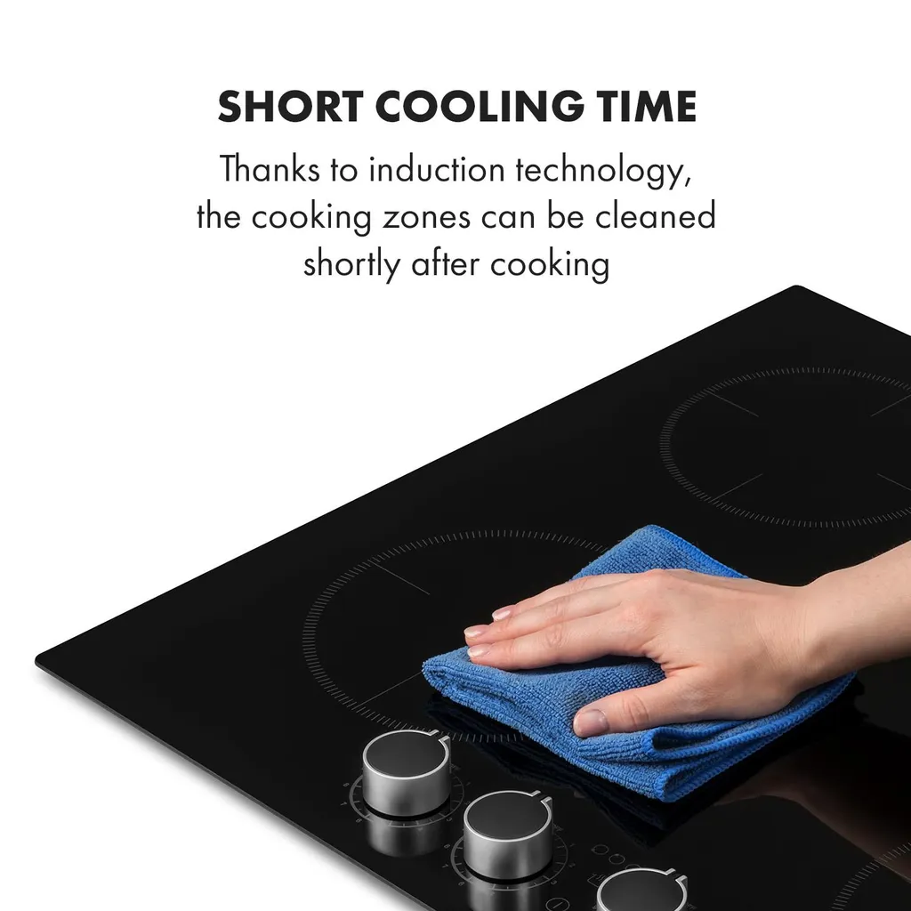 Klarstein Kochheld 4 Zonen Induktionskochfeld , Einbau-Kochfeld , 60cm , 6000 Watt , Autark , 4 Dreh-Regler , Rahmenlos , 120 Cm Kabellänge , 5-poliger-Anschluss , 9 Stufen , Abschalt-Automatik , Glas , Schwarz – Bild 8