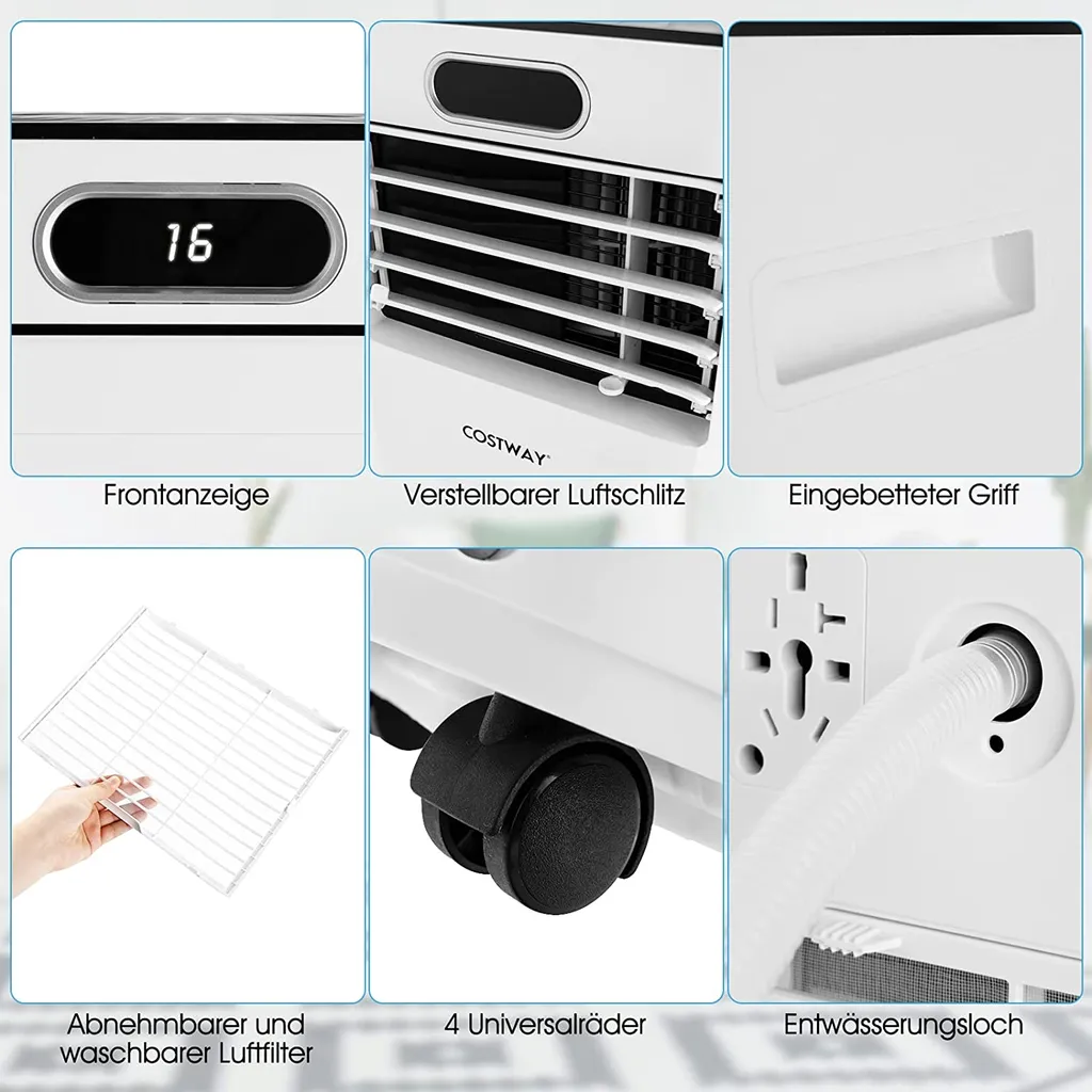 COSTWAY 4in1 Mobile Klimaanlage 9000BTU/2,6 KW Für 30㎡ Klimagerät 54dB Entfeuchter Tragbar 2 Geschwindigkeiten Inkl. 24H Timer, Fernbedienung, Schlafmodus, Abluftschlauch 16℃-32℃ Weiß – Bild 5