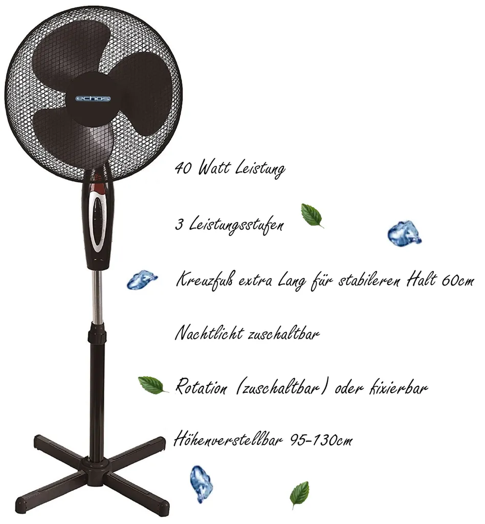 Echos Standventilator | Oszilierender Ventilator | Windmaschine | 40 Watt | 41 Cm Ø