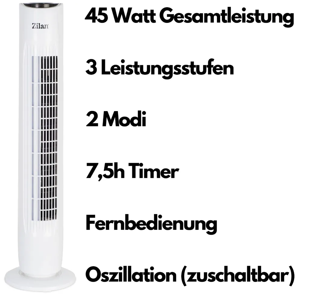 Zilan Turmventilator | 3 Stufen | 2 Modi | 7,5h Timer | Fernbedienung | Oszillierend | – Bild 8