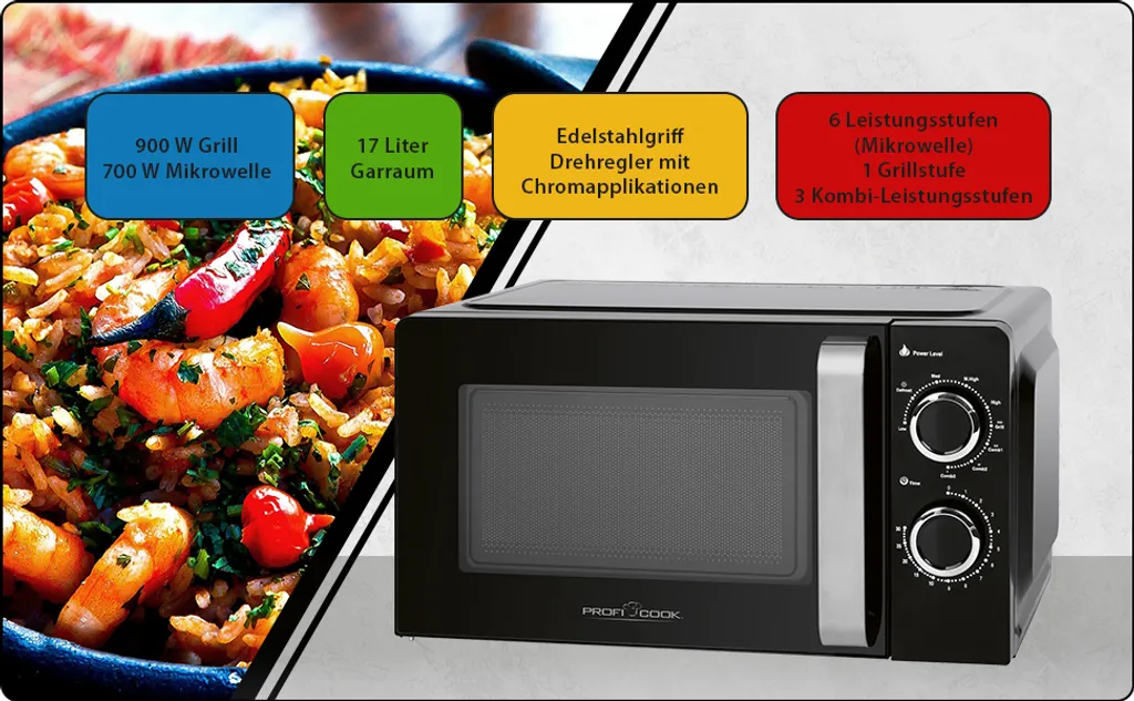 ProfiCook PC-MWG 1208 Mikrowelle Mit Grill, 17 Liter Garraum, 900 Watt Grill / 700 Watt Mikrowelle, 6 Mikrowellen-Leistungsstufen, 30 Minuten-Timer Mit Endsignal, Schwarz – Bild 11