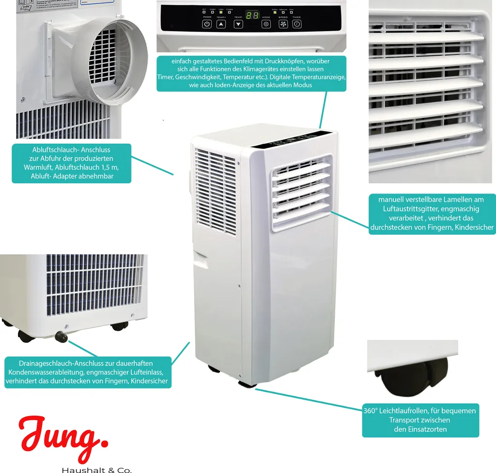 JUNG AIR TV05 Mobiles Klimagerät Mit Fernbedienung + Abluft-Schlauch - 3,2 KW/11000 BTU - STROMSPAREND, GERÄUSCHARM -100m³ Raum Kühlung, Klimaanlage Mobil Leise, Weiß – Bild 2