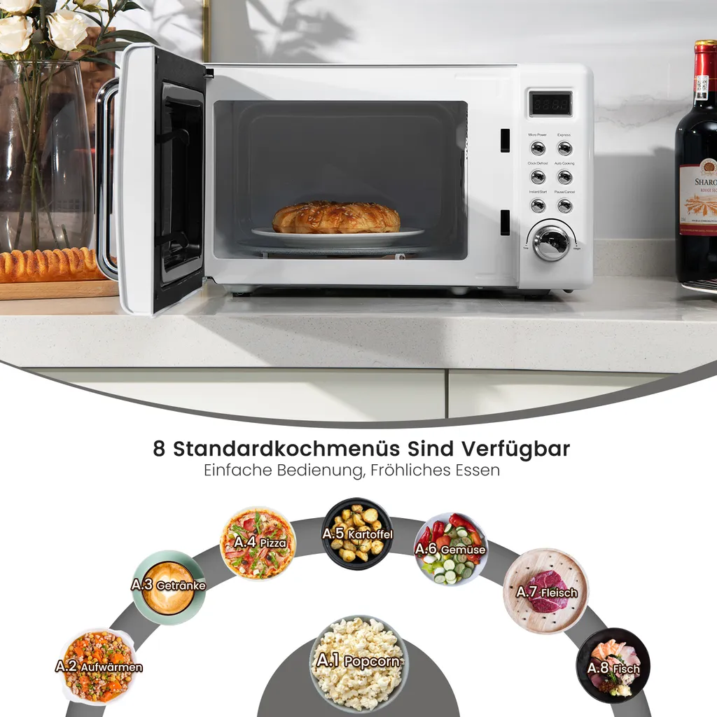 COSTWAY Mikrowelle 20L, 700 W Mikrowellenofen, Mit 8 Automatischen Programme, 5 Leistungsstufen, LED-Anzeige, Verzögerter Start, Retro, Weiß – Bild 2