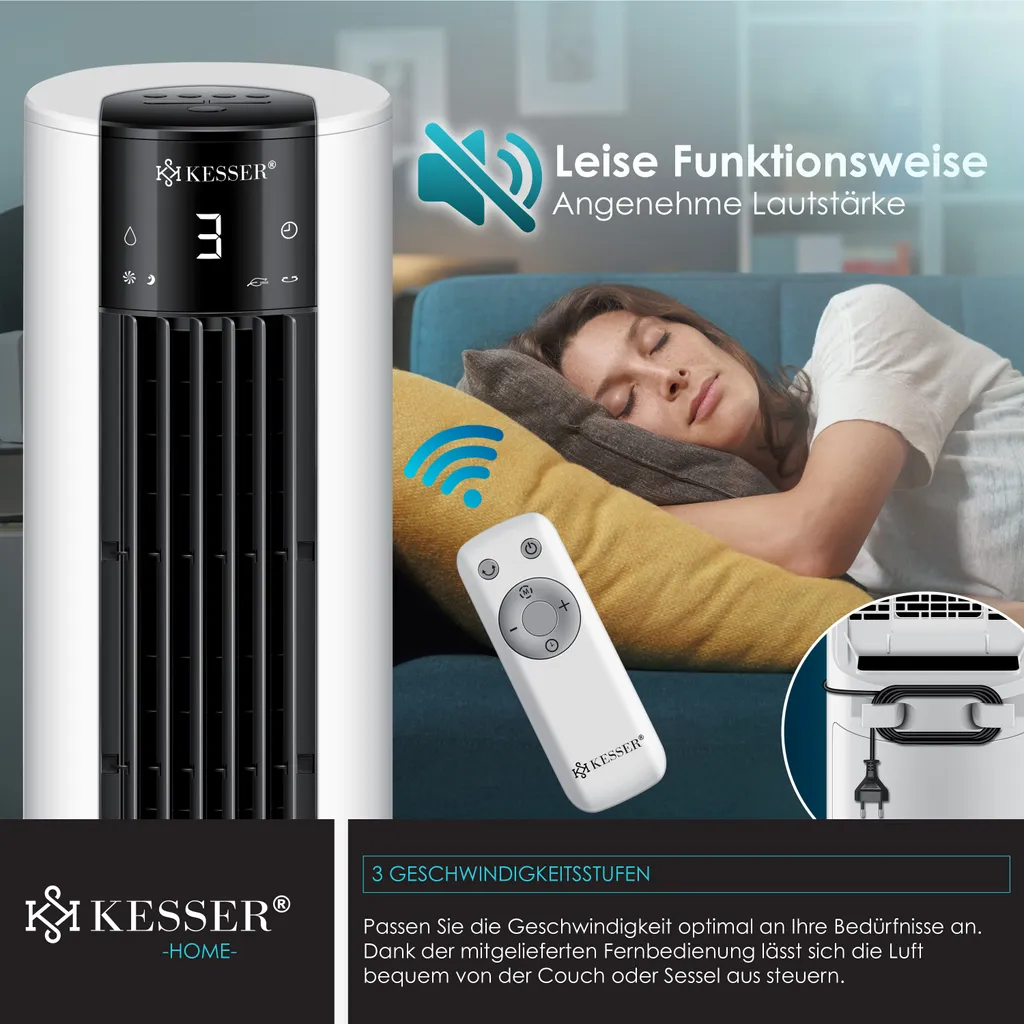 KESSER® 4in1 Mobile Klimaanlage Tower Klimagerät Ventilator/Luftkühler/Luftbefeuchter/Ionisator, Mit Fernbedienung , Timer , Wassertank, 60W, Klima , 2 Kühlakkus Turmventilator, Farbe:Weiß / Schwarz – Bild 10
